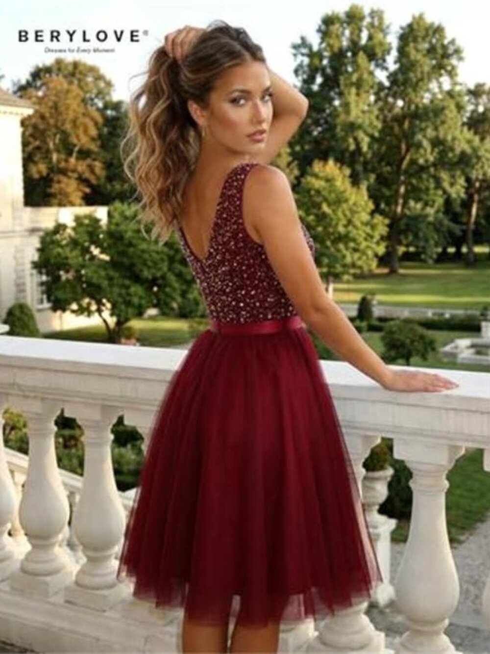 Sequin Dress Vintage A Line Wedding Formal Swing Tulle Dress Burgandy - Picture 4 of 6